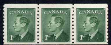 Canada 1950 KG6 coil 1c green imperf x perf 9.5 strip of 3 mtd mint SG 429, stamps on , stamps on  kg6 , stamps on 