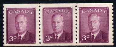 Canada 1950 KG6 coil 3c purple imperf x perf 9.5 strip of 3 mtd mint SG 430, stamps on , stamps on  kg6 , stamps on 