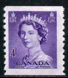 Canada 1953 QEII 4c violet coil stamp (imperf x perf 9.5) unmounted mint SG 457 (pairs available pro rata), stamps on 
