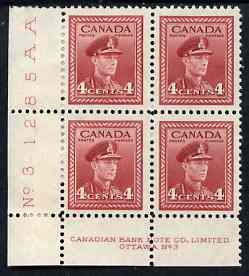 Canada 1942-48 KG6 War effort 4c corner Plate No.3 block of 4, 2 stamps unmounted mint, 2 with paper adhesion, as SG380, stamps on , stamps on  kg6 , stamps on 