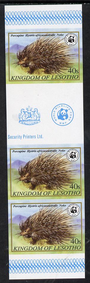 Lesotho 1981 WWF - Cape Porcupine 40s imperf gutter strip of 3 unmounted mint, only about 20 strips believed to exist, SG 471, stamps on animals, stamps on  wwf , stamps on 