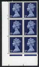 Great Britain 1967-70 Machin 5d blue cyl 1 dot block of 6 unmounted mint, stamps on 