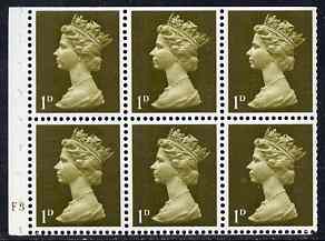 Great Britain 1967-70 Machin 1d olive booklet pane of 6 with cyl F3 no dot unmounted mint, stamps on 