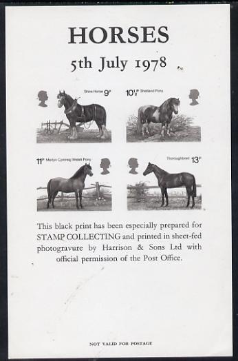 Great Britain 1978 Horses black print set of 4 on official souvenir sheetlet unmounted mint, stamps on animals   horses, stamps on horse racing
