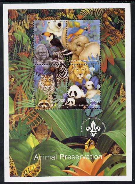 Batum 1996 Animal Preservation sheetlet containing set of 4 (with Scout Logo) unmounted mint, stamps on animals, stamps on elephant, stamps on cats, stamps on zebra, stamps on bears, stamps on apes, stamps on scouts