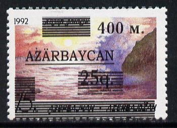 Azerbaijan 1994 400m on 25q on unissued 15k (Caspian Sea) unmounted mint, stamps on tourism
