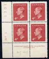 Canada 1950 KG6 4c carmine (without Postage Postes) corner plate No.1 block of 4 unmounted mint, SG 427, stamps on , stamps on  kg6 , stamps on 