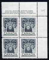 Canada 1953 Wildlife Week 4c Bighorn corner plate No.1 block of 4 unmounted mint, SG 449, stamps on 