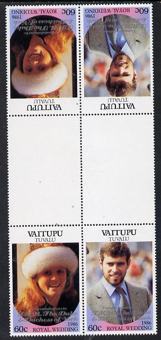 Tuvalu - Vaitupu 1986 Royal Wedding (Andrew & Fergie) 60c with 'Congratulations' opt in silver in unissued perf tete-beche inter-paneau block of 4 (2 se-tenant pairs) unmounted mint from Printer's uncut proof sheet, stamps on royalty, stamps on andrew, stamps on fergie, stamps on 