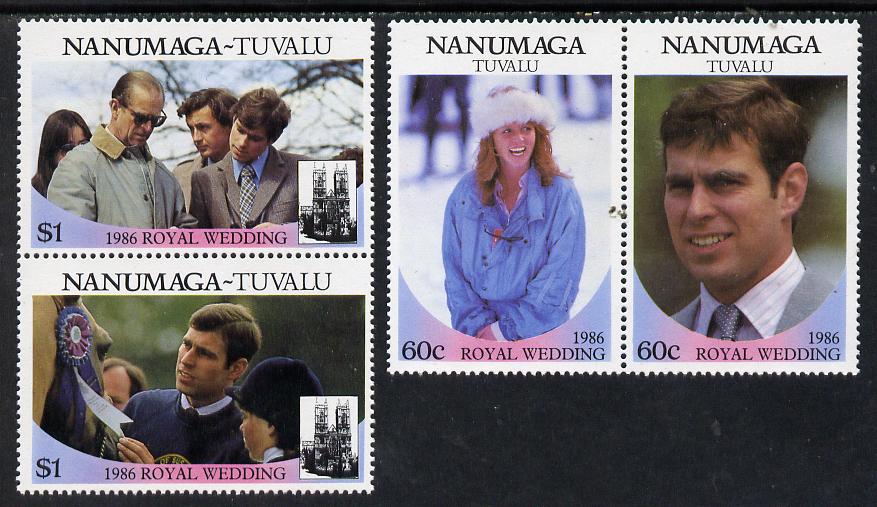 Tuvalu - Nanumaga 1986 Royal Wedding (Andrew & Fergie) set of 4 (2 se-tenant pairs) unmounted mint, stamps on royalty, stamps on andrew, stamps on fergie, stamps on 
