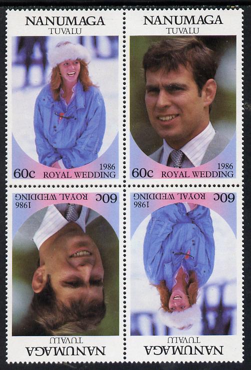 Tuvalu - Nanumaga 1986 Royal Wedding (Andrew & Fergie) 60c in unissued perf tete-beche block of 4 (2 se-tenant pairs) unmounted mint, stamps on royalty, stamps on andrew, stamps on fergie, stamps on 