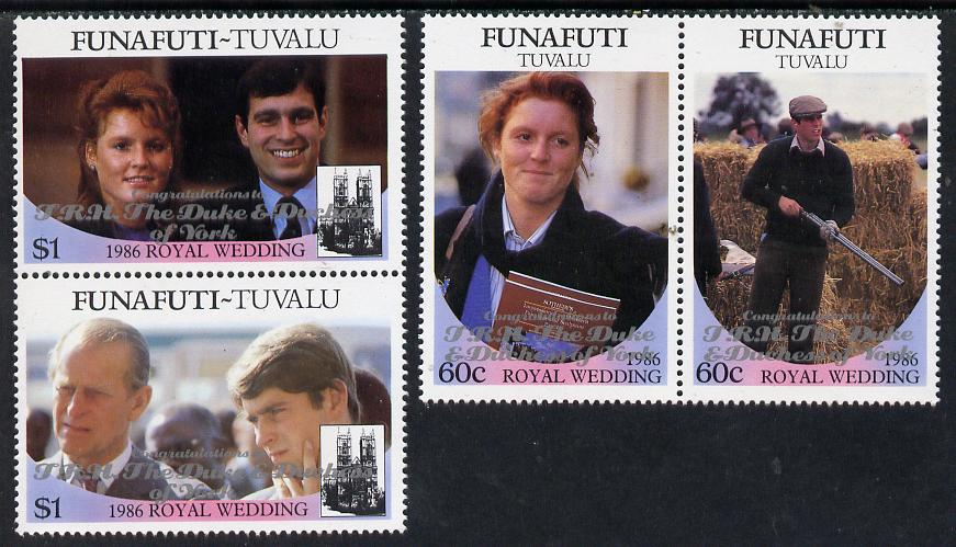 Tuvalu - Funafuti 1986 Royal Wedding (Andrew & Fergie) set of 4 (2 se-tenant pairs) with 'Congratulations' opt in silver unmounted mint, stamps on royalty, stamps on andrew, stamps on fergie, stamps on 