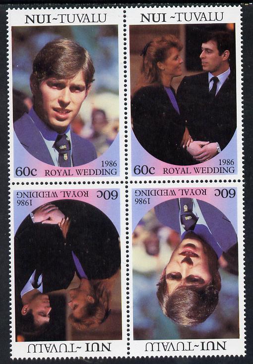 Tuvalu - Nui 1986 Royal Wedding (Andrew & Fergie) 60c in unissued perf tete-beche block of 4 (2 se-tenant pairs) unmounted mint from uncut proof sheet, stamps on royalty, stamps on andrew, stamps on fergie, stamps on 