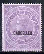 India 1860 QV Receipt Bill or Draft 1/2a lilac optd CANCELLED slightly disturbed gum (Revenue), stamps on , stamps on  qv , stamps on revenues