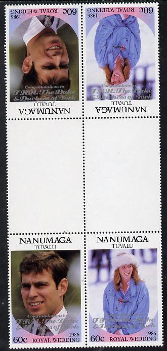 Tuvalu - Nanumaga 1986 Royal Wedding (Andrew & Fergie) 60c with Congratulations opt in silver in unissued perf tete-beche inter-paneau block of 4 (2 se-tenant pairs) unmo..., stamps on royalty, stamps on andrew, stamps on fergie, stamps on 