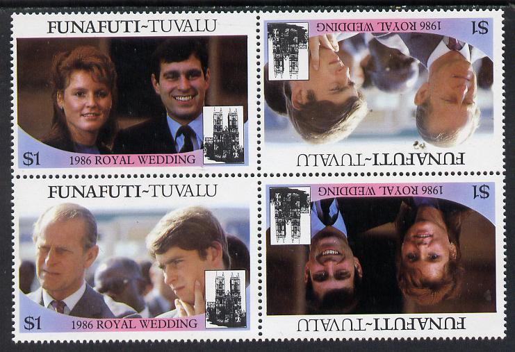 Tuvalu - Funafuti 1986 Royal Wedding (Andrew & Fergie) $1 in unissued perf tete-beche block of 4 (2 se-tenant pairs) unmounted mint from uncut proof sheet, stamps on , stamps on  stamps on royalty, stamps on  stamps on andrew, stamps on  stamps on fergie, stamps on  stamps on 