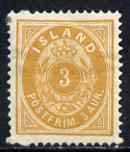 Iceland 1882-95 3a yellow mtd mint but thinned, SG20b, stamps on 