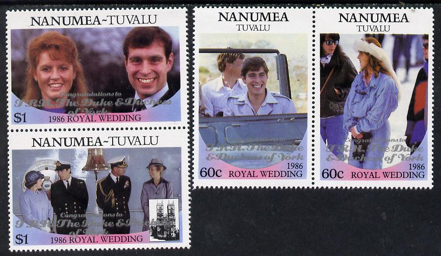 Tuvalu - Nanumea 1986 Royal Wedding (Andrew & Fergie) set of 4 (2 se-tenant pairs) with 'Congratulations' opt in silver unmounted mint, stamps on royalty, stamps on andrew, stamps on fergie, stamps on 