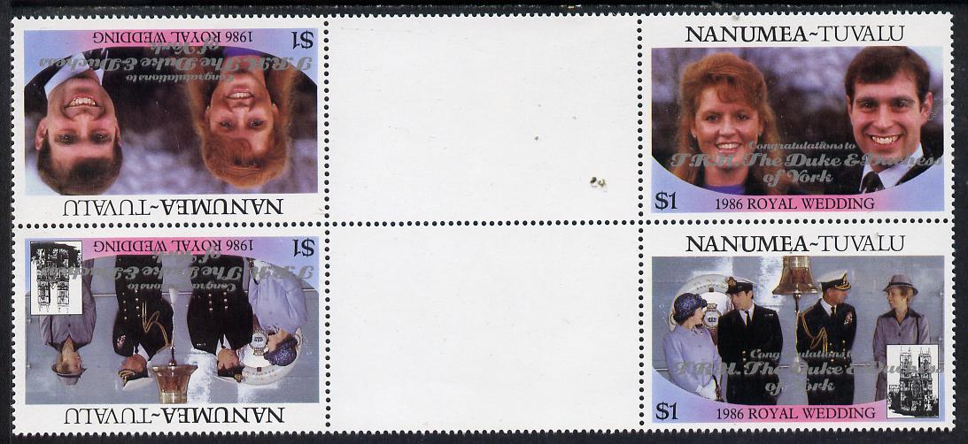 Tuvalu - Nanumea 1986 Royal Wedding (Andrew & Fergie) $1 with 'Congratulations' opt in silver in unissued perf tete-beche inter-paneau block of 4 (2 se-tenant pairs) unmounted mint from Printer's uncut proof sheet, stamps on royalty, stamps on andrew, stamps on fergie, stamps on 