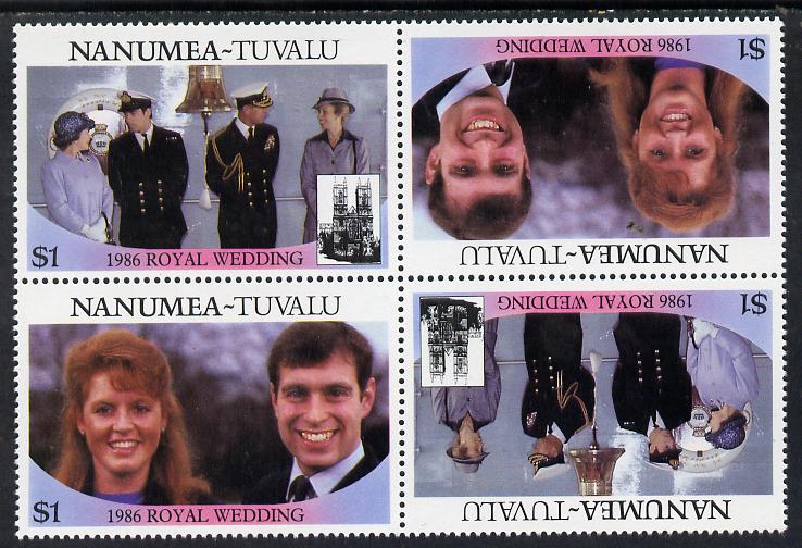 Tuvalu - Nanumea 1986 Royal Wedding (Andrew & Fergie) $1 in unissued perf tete-beche block of 4 (2 se-tenant pairs) unmounted mint from uncut proof sheet, stamps on royalty, stamps on andrew, stamps on fergie, stamps on 