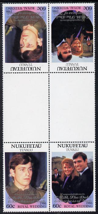 Tuvalu - Nukufetau 1986 Royal Wedding (Andrew & Fergie) 60c with 'Congratulations' opt in silver in unissued perf tete-beche inter-paneau block of 4 (2 se-tenant pairs) unmounted mint from Printer's uncut proof sheet, stamps on royalty, stamps on andrew, stamps on fergie, stamps on 