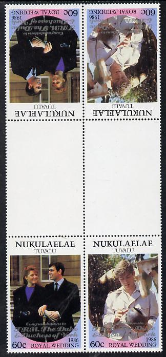 Tuvalu - Nukulaelae 1986 Royal Wedding (Andrew & Fergie) 60c with 'Congratulations' opt in silver in unissued perf tete-beche inter-paneau block of 4 (2 se-tenant pairs) unmounted mint from Printer's uncut proof sheet, stamps on royalty, stamps on andrew, stamps on fergie, stamps on 