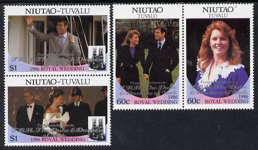 Tuvalu - Niutao 1986 Royal Wedding (Andrew & Fergie) set of 4 (2 se-tenant pairs) with Congratulations opt in silver unmounted mint, stamps on royalty, stamps on andrew, stamps on fergie, stamps on police