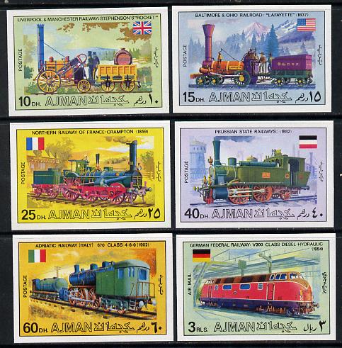 Ajman 1971 Locomotives imperf set of 6 unmounted mint, Mi 1197-1201B, stamps on railways