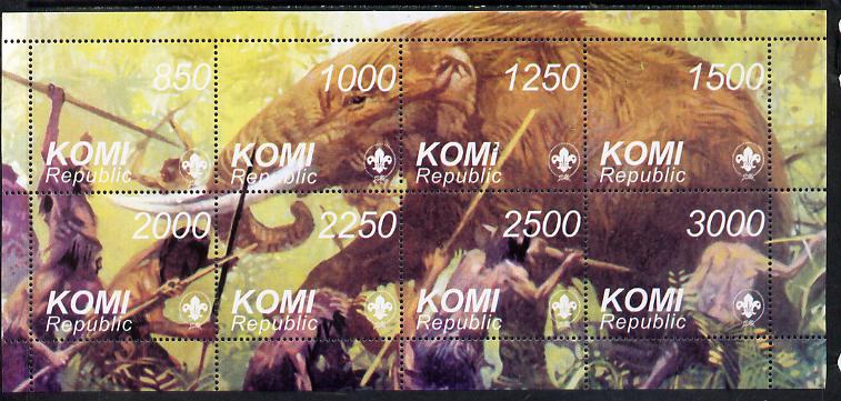 Komi Republic 1998 Dinosaurs composite perf sheetlet containing complete set of 8 values (with Scout Logo) showing Mammoth being attacked by man unmounted mint, stamps on dinosaurs     scouts