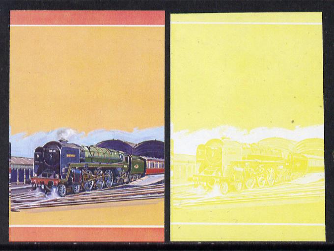 Nevis 1983 Locomotives #1 (Leaders of the World) Britannia $1 unmounted mint se-tenant imperf progressive proof pairs in magenta, yellow & blue and matching pair in yellow only (SG 144a), stamps on railways