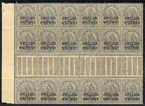 Indian States - Gwalior 1899-1911 QV 3p grey marginal gutter block of 18 (6 x 3) from left of sheet (rows 9, 10 & 11) with minor broken letters noted, overall toning but ..., stamps on , stamps on  qv , stamps on 
