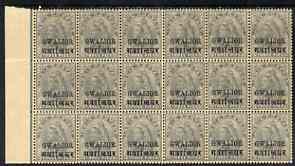 Indian States - Gwalior 1899-1911 QV 3p grey marginal block of 18 (6 x 3) from left of sheet (rows 12, 13 & 14) with minor broken letters noted, overall toning but unmoun..., stamps on , stamps on  qv , stamps on 
