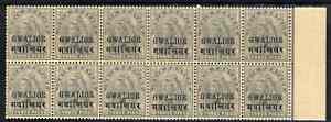 Indian States - Gwalior 1899-1911 QV 3p grey marginal block of 12 (6 x 2) from right of sheet (rows 15 & 16) with minor broken letters noted, overall toning but unmounted..., stamps on , stamps on  qv , stamps on 