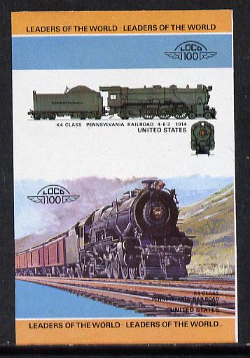 St Vincent - Bequia 1984 Locomotives #1 (Leaders of the World) 45c (4-6-2 Pennsylvania Railroad K4 Class) imperf se-tenant progressive proof pair with Country name and va..., stamps on railways
