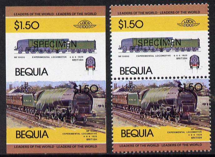 St Vincent - Bequia 1984 Locomotives #1 (Leaders of the World) $1.50 (Experimental Loco) unmounted mint se-tenant matched proof pairs in issued colours overprinted SPECIMEN, perf & imperf (2 prs), stamps on railways