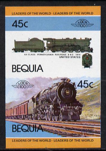 St Vincent - Bequia 1984 Locomotives #1 (Leaders of the World) 45c (4-6-2 Pennsylvania Railroad K4 Class) se-tenant imperf proof pair in issued colours from limited printing unmounted mint, stamps on railways
