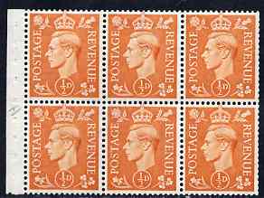 Great Britain 1950-52 KG6 1/2d orange booklet pane of 6 with inverted wmk, unmounted mint with fairly good perfs, SG spec QB7a, stamps on , stamps on  kg6 , stamps on 