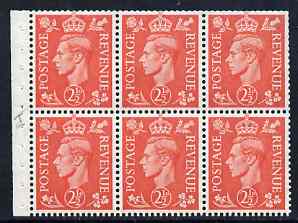 Great Britain 1950-52 KG6 2.5d pale scarlet booklet pane of 6 with inverted wmk, unmounted mint with fairly good perfs, SG spec QB34a, stamps on , stamps on  kg6 , stamps on 