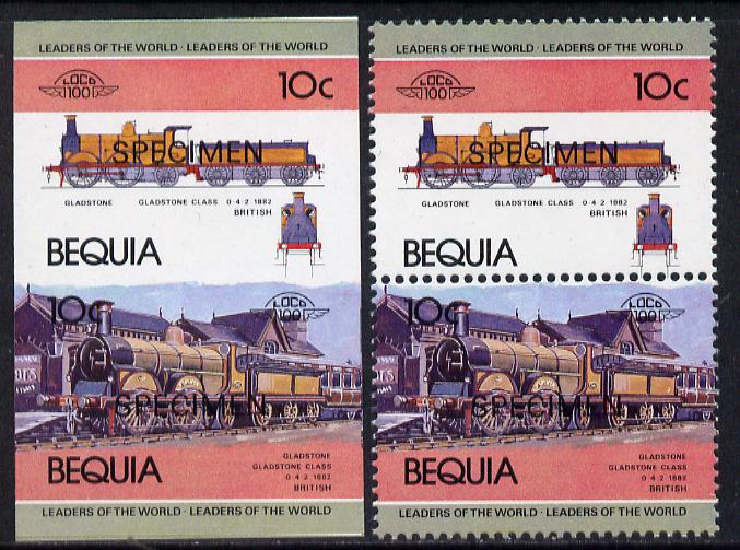 St Vincent - Bequia 1984 Locomotives #1 (Leaders of the World) 10c (Gladstone Class) unmounted mint se-tenant matched proof pairs in issued colours overprinted SPECIMEN, perf & imperf (2 prs), stamps on railways