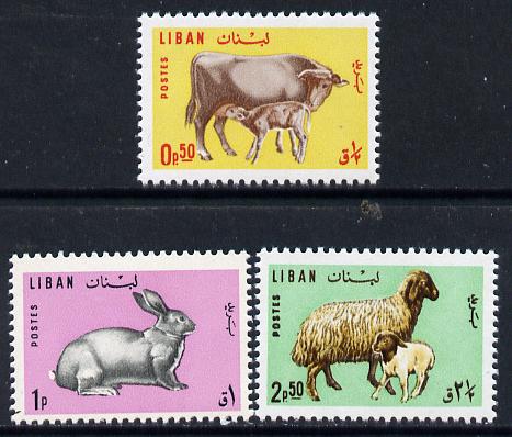 Lebanon 1965 Animals set of 3 (Rabbit, Sheep & Cow) SG 884-86, stamps on animals     rabbits      ovine    bovine
