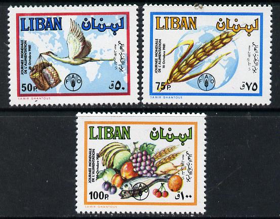 Lebanon 1982 World Food Day set of 3 unmounted mint, SG 1280-82, stamps on , stamps on  stamps on food   fruit    bananas     grapes     oranges      cherries     plums       fish       birds   maps     stork