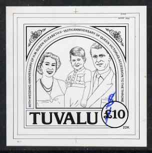 Tuvalu 1987 Ruby Wedding advanced stage stamp size proof in black ink for the 22k gold embossed issues, design denominated as \A310 and amended in blue to show correct value of $10, stamps on royalty