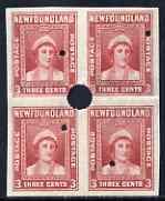 Newfoundland 1941-44 KG6 Queen Mother 3c red imperf marginal PROOF block of 4 each stamp with Waterlow security punch hole, some wrinkles but a scarce KG6 item, as SG 278, stamps on , stamps on  kg6 , stamps on royalty, stamps on queen mother