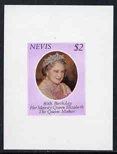 Nevis 1980 Queen Mother 80th Birthday $2 unmounted mint imperf proof sheet in issued colours, stamps on 