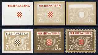 Croatia 1944 Postal & Railway Employees Fund 7k + 3k50 (SG 123 Posthorn & Shield)) 5 imperf progressive proofs plus issued stamp, part og and mainly fine., stamps on 