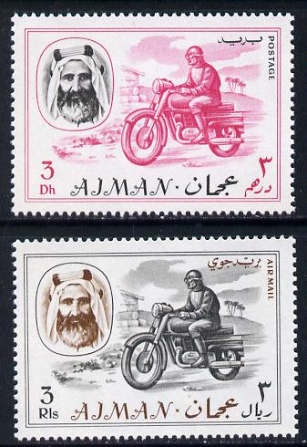 Ajman 1967 Motorcyclist (3Dh & 3R from Transport perf set of 14) unmounted mint Mi 129 & 138*, stamps on motorbikes