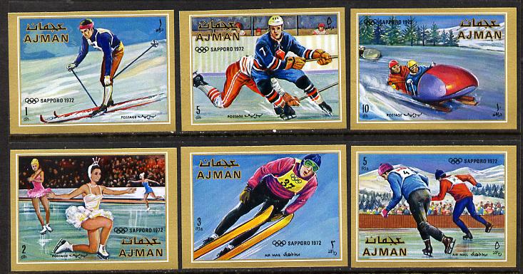 Ajman 1970 Winter Olympics imperf set of 6 unmounted mint (Mi 662-7B), stamps on sport     olympics     skating    bobsled    ice hockey   skiing