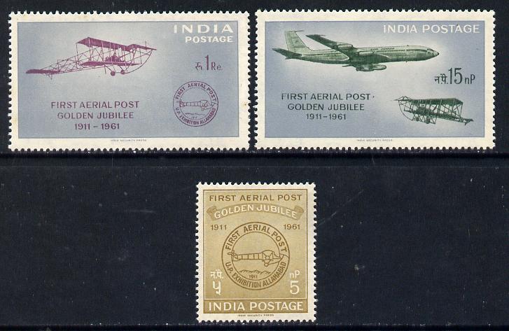 India 1961 First Official Airmail Flight Anniversary set of 3 unmounted mint, SG 434-36, stamps on aviation  