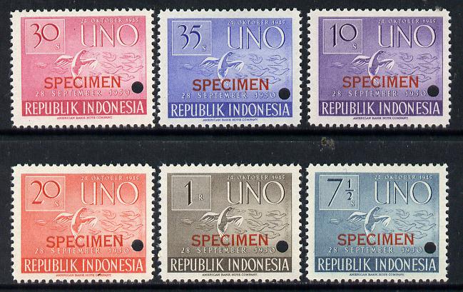 Indonesia 1951 United Nations set of 6 opt'd SPECIMEN with security punch holes (Ex ABNCo archive file sheet) unmounted mint, stamps on united-nations, stamps on birds