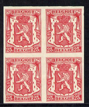 Belgium 1936 Belgian Lion 25c carmine imperf block of 4, few gum wrinkles otherwise fine unmounted mint , stamps on , stamps on  stamps on animals   cats